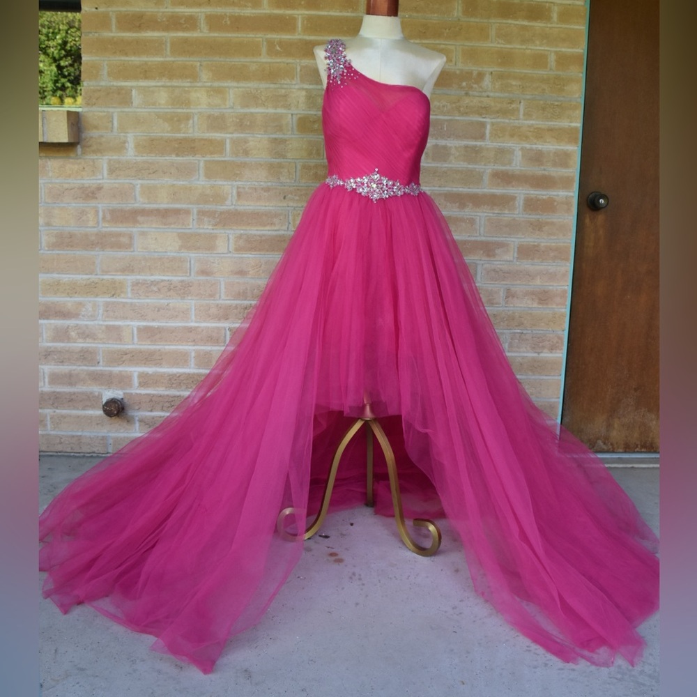 Bright Pink High-Low One-Shoulder Gown